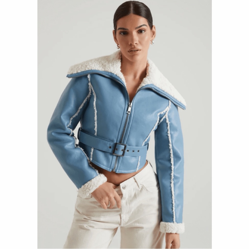 Oh Polly Eira Light Blue Faux Leather Shearling Jacket